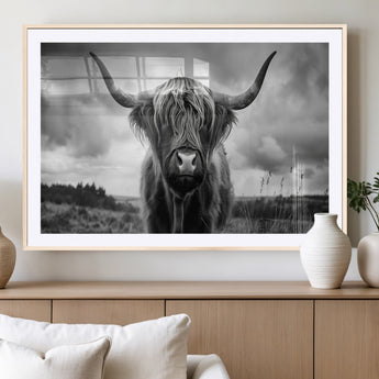 17924-MGC-FP-36x24_Natural-Highland Cow Wall Art – Black and White Rustic Longhorn Cattle Canvas Print, Farmhouse Animal Photography Decor for Country Home