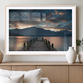 20442-MGV-CV-36X24-Lakeside Sunset Dock Wall Art – Peaceful Mountain Lake Canvas Print, Serene Nature Landscape Decor for Living Room, Bedroom or