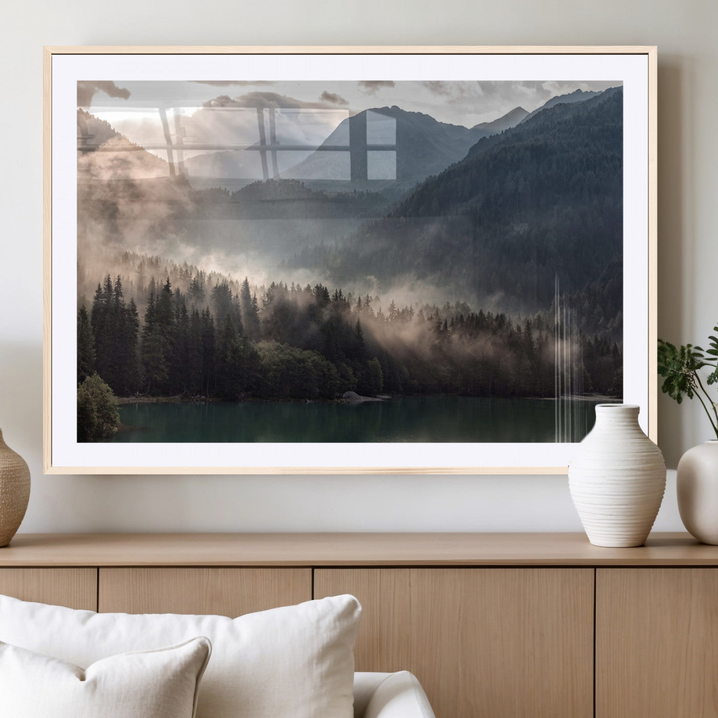 61116-MGV-CV-36X24-Misty Mountain Lake Wall Art – Tranquil Foggy Forest and Lake Canvas Print, Scenic Nature Landscape Decor for Living Room or