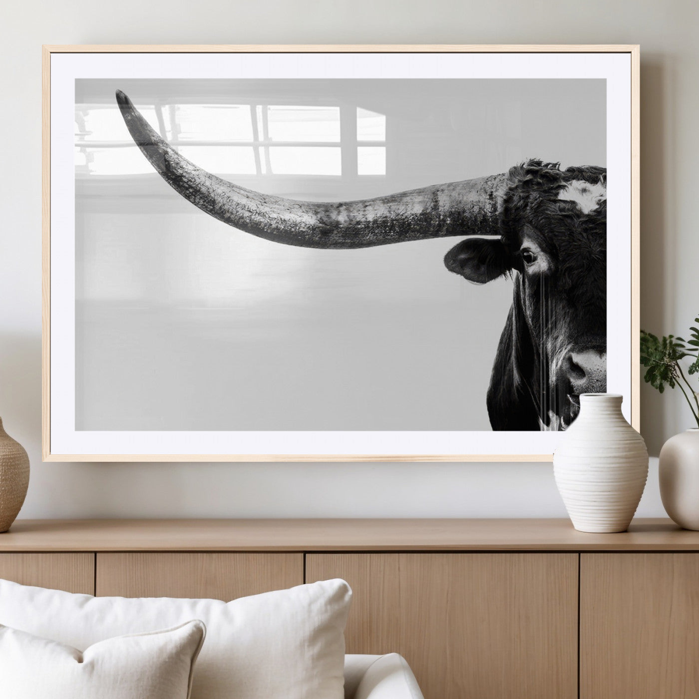 31699-MGV-CV-36X24-Longhorn Wall Art – Black and White Texas Longhorn Cow Canvas Print, Rustic Western Farmhouse Artwork for Living Room, Bedroom or