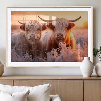 68253-MGV-CV-36X24-Highland Cow Wall Art – Rustic Farmhouse Cattle Canvas Print, Frosty Sunset Animal Artwork for Living Room, Bedroom or Country