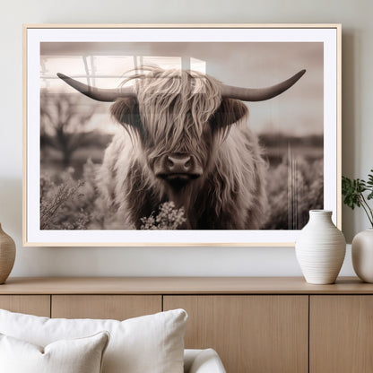 55903-MGV-CV-36X24-Highland Cow Wall Art – Rustic Sepia Scottish Highland Bull Canvas Print, Farmhouse Country Animal Decor for Living Room, Bedroom