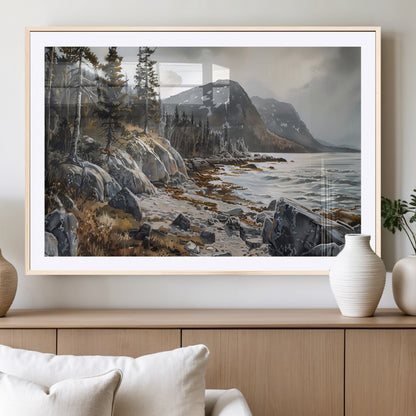41281-MGC-FP-36x24_Natural-Rocky Shoreline Wall Art – Panoramic Mountain Coast and Forest Canvas Print, Rustic Nature Landscape Decor for Cabin, Lodge, or