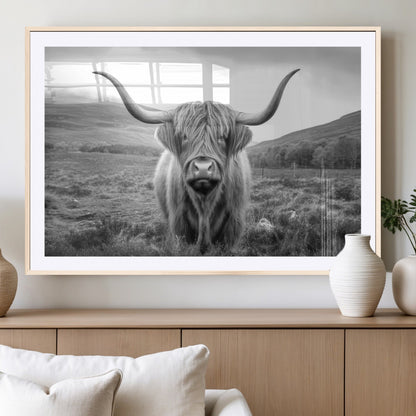 52903-MGV-CV-36X24-Highland Cow Wall Art – Black and White Canvas Print Rustic Cattle Portrait, Farmhouse Country Decor for Living Room, Office,