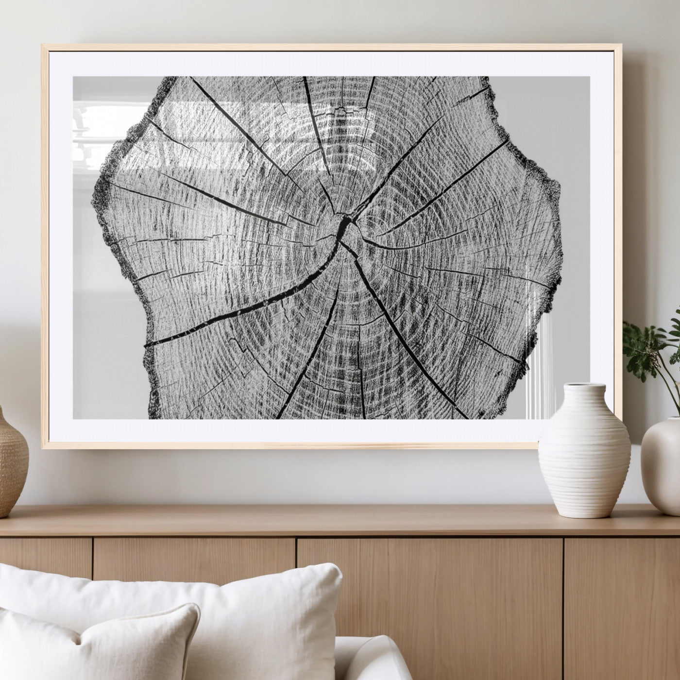 98709-MGC-FP-36x24_Natural-Tree Ring Wall Art – Black and White Canvas Print Rustic Wood Cross Section, Minimal Nature Inspired Decor for Living Room,