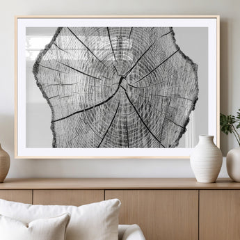 98709-MGC-FP-36x24_Natural-Tree Ring Wall Art – Black and White Canvas Print Rustic Wood Cross Section, Minimal Nature Inspired Decor for Living Room,