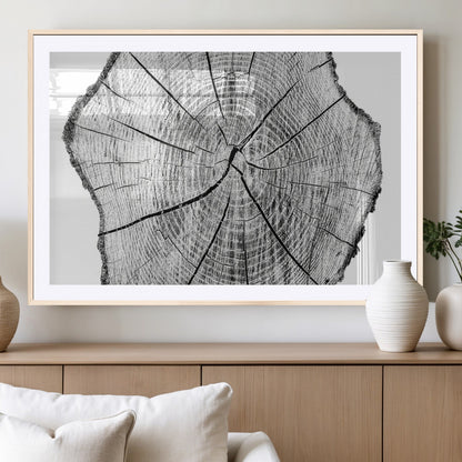 98709-MGC-FP-36x24_Natural-Tree Ring Wall Art – Black and White Canvas Print Rustic Wood Cross Section, Minimal Nature Inspired Decor for Living Room,