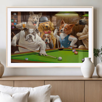 34228-MGC-FP-36x24_Natural-Dogs Playing Pool Wall Art Canvas Print, Framed Funny Dog Art Picture Print, Dog Perfect Game Room Decor Artwork