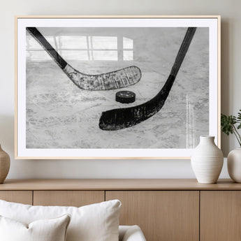 82900-MGV-CV-36X24-Hockey Wall Art – Black and White Canvas Print Ice Rink Sticks Puck Sports Photography, Modern Decor for Game Room, Man Cave,