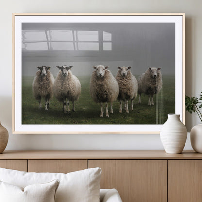 87339-MGC-FP-36x24_Natural-Sheep Wall Art – Rustic Farmhouse Canvas Print Flock Standing Misty Field Countryside Photography, Country Animal Decor for Living