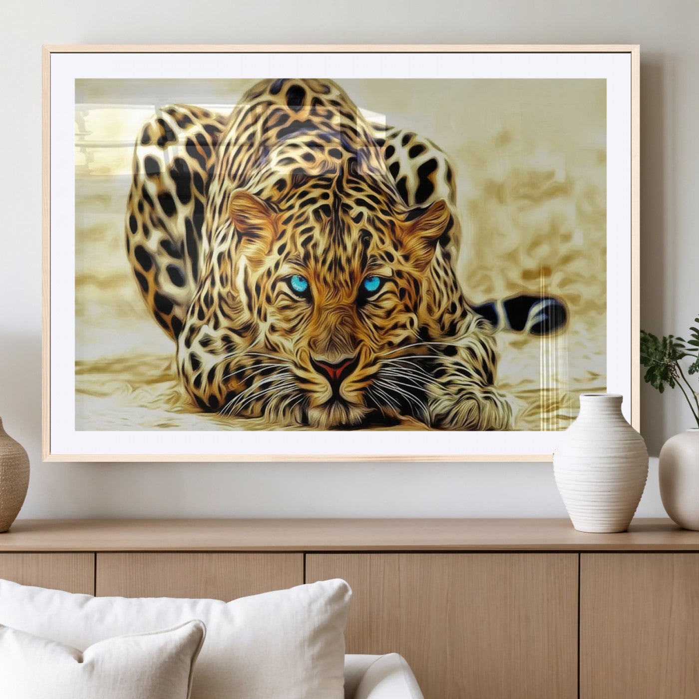 45281-MGC-FP-36x24_Natural-Blue Eye Leopard Wall Art Canvas Print, Framed Leopard Painting Art Picture Print, Big Cat Perfect Safari Wildlife Decor Artwork