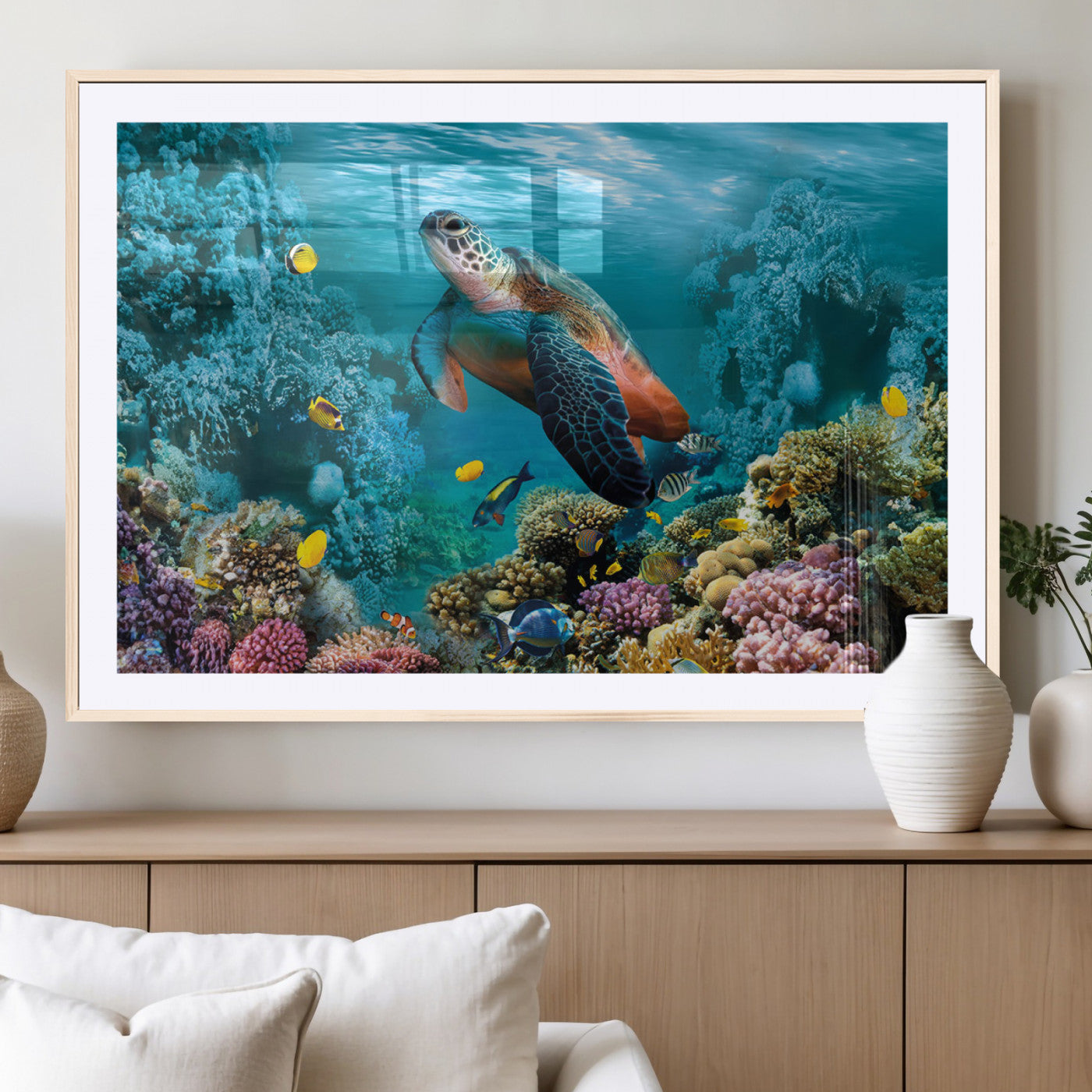 38661-MGC-FP-36x24_Natural-Sea Turtle Wall Art Canvas Print, Framed Ocean Wildlife Art Picture Print, Turtle Perfect Coastal Nature Decor Artwork