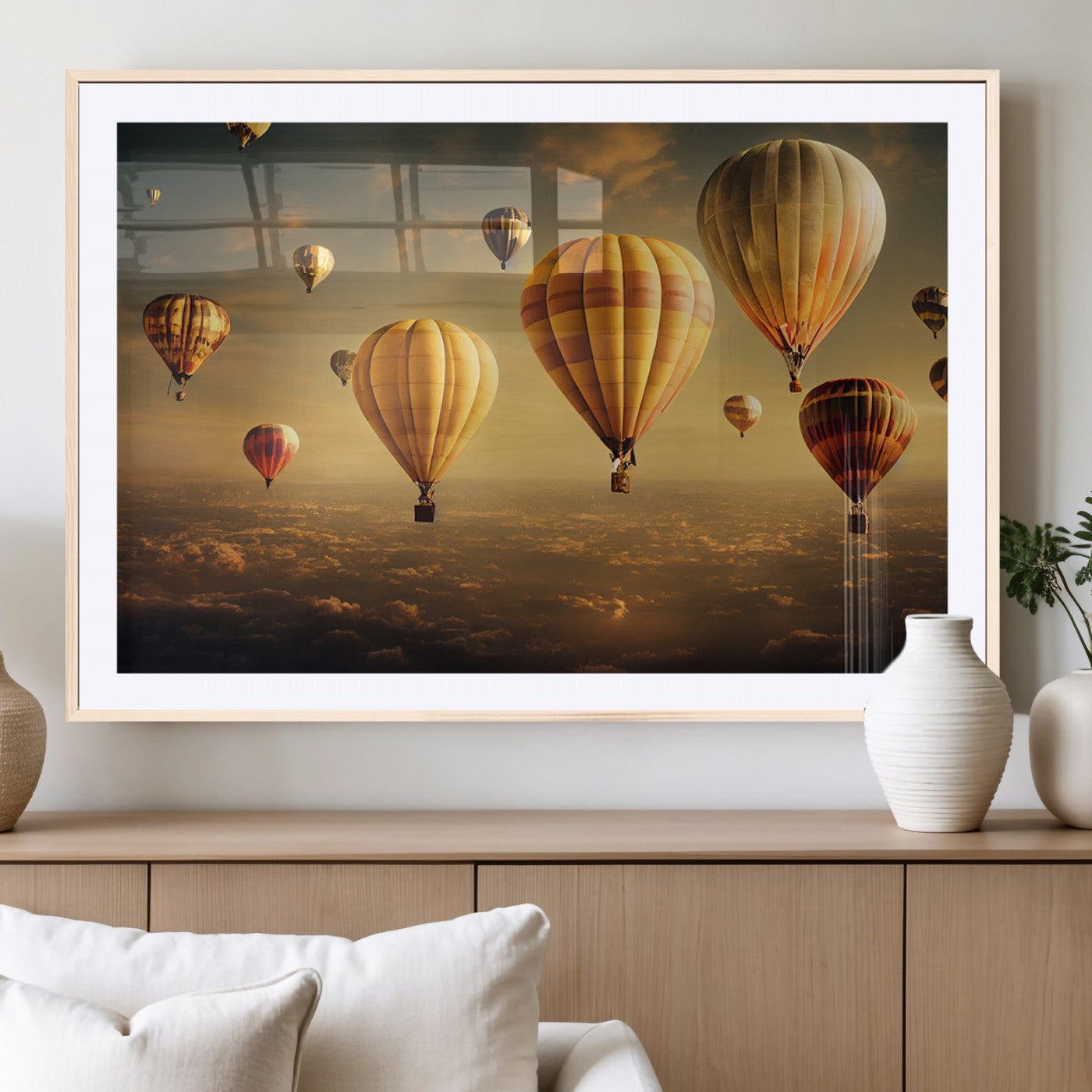 90856-MGC-FP-36x24_Natural-Hot Air Balloon Wall Art Canvas Print, Framed Cappadocia Art Picture Print, Cappadocia Balloon Perfect Vintage Travel Decor