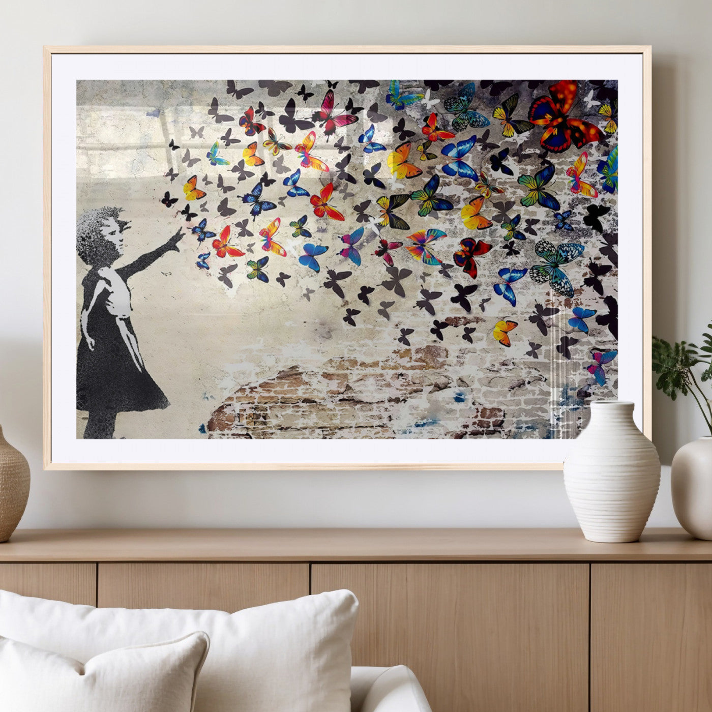 97895-MGC-FP-36x24_Natural-Girl with Butterflies Wall Art – Colorful Street Art Style Canvas Print, Modern Graffiti-Inspired Butterfly Artwork for Living