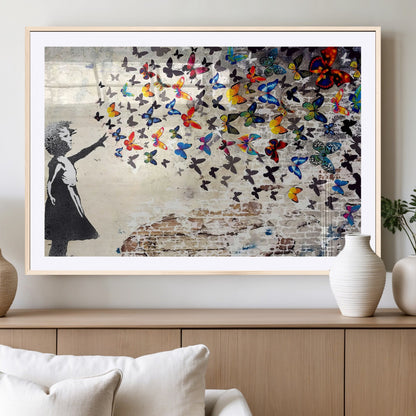 97895-MGC-FP-36x24_Natural-Girl with Butterflies Wall Art – Colorful Street Art Style Canvas Print, Modern Graffiti-Inspired Butterfly Artwork for Living