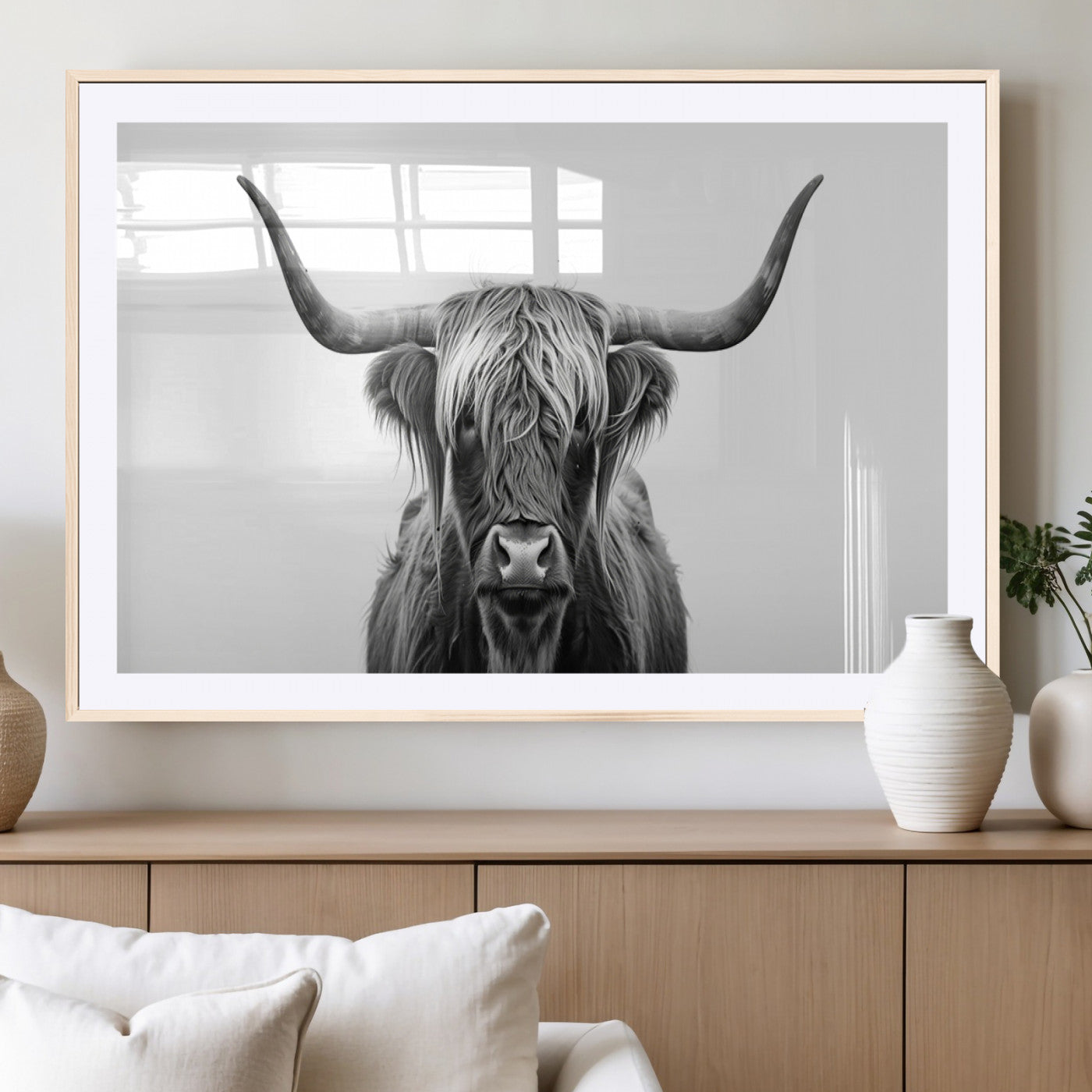 49556-MGC-FP-36x24_Natural-Highland Cow Wall Art – Black and White Scottish Highland Cattle Print, Rustic Farmhouse Minimalist Animal Portrait Canvas for