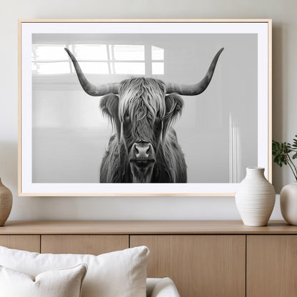 49556-MGC-FP-36x24_Natural-Highland Cow Wall Art – Black and White Scottish Highland Cattle Print, Rustic Farmhouse Minimalist Animal Portrait Canvas for