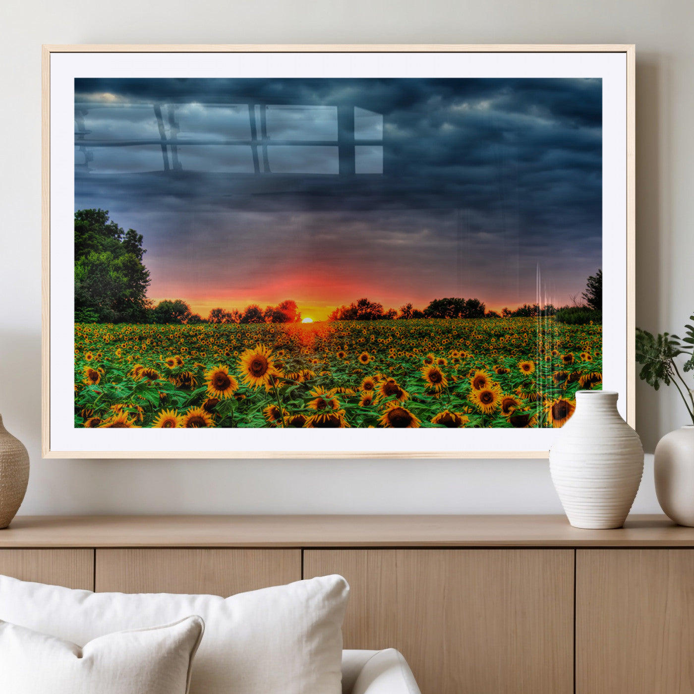 45045-MGV-CV-36X24-Sunflower Field Sunset Wall Art – Dramatic Stormy Sky Landscape Print, Vibrant Yellow Floral Nature Canvas for Living Room,
