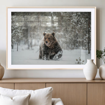43350-MGV-CV-36X24-Wild Bear in Snow Wall Art – Majestic Wildlife Photography Print, Winter Forest Nature Decor for Cabin, Lodge, Rustic Home,
