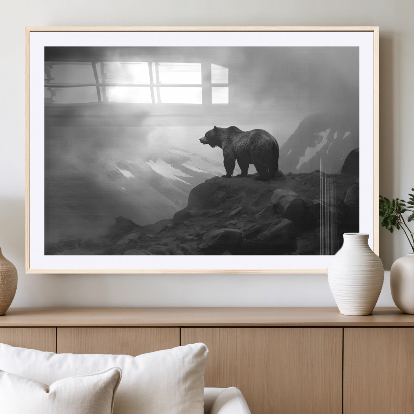 49504-MGC-FP-36x24_Natural-Black and White Grizzly Bear Wall Art – Wilderness Wildlife Painting, Rustic Mountain Cabin Decor, Monochrome Animal Print for