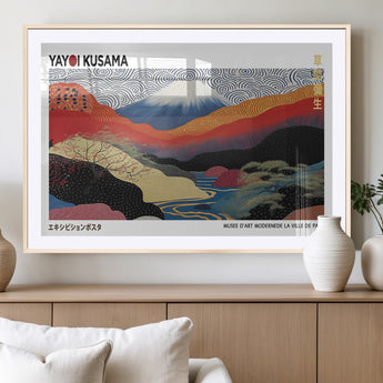 14839-MGV-CV-36X24-Yayoi Kusama Wall Art – Panoramic Mountain & River Canvas Print, Modern Abstract Japanese Landscape Decor for Living Room or