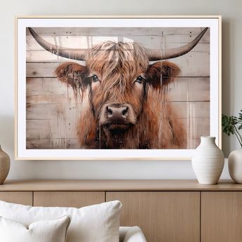93730-MGC-FP-36x24_Natural-Scottish Cow Wall Art Canvas Print, Framed Longhorn Cow Art Picture Print, Highland Cattle Perfect Rustic Farmhouse Decor Artwork