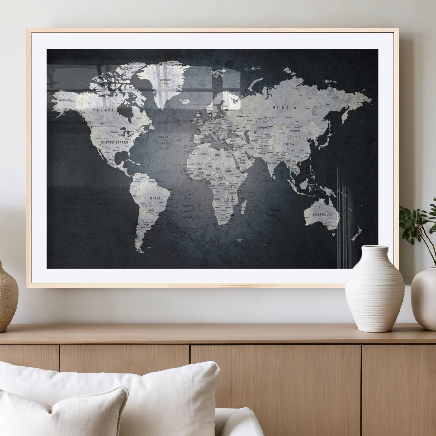 19124-MGV-CV-36X24-Modern World Map Wall Art – Black and White Canvas Print, Minimalist Global Map Decor for Office, Study, Bedroom or Living Room