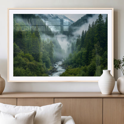 69453-MGC-FP-36x24_Natural-Mountain Forest Wall Art – Misty River and Evergreen Landscape Canvas Print, Nature Photography Poster for Living Room, Bedroom,