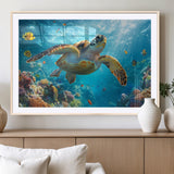 37623-MGV-CV-36X24-Sea Turtle Wall Art – Underwater Ocean Canvas Print with Coral Reef and Tropical Fish, Marine Life Painting Poster for Living