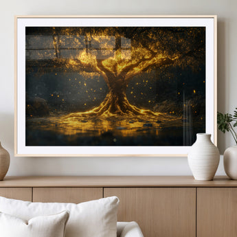 59580-MGV-CV-36X24-Glowing Tree Wall Art – Golden Fantasy Nature Canvas Print, Mystical Illuminated Tree Painting Poster for Living Room, Bedroom,