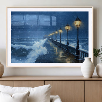 32668-MGV-CV-36X24-Stormy Pier Wall Art – Ocean Waves and Street Lamps Canvas Print, Rainy Night Seascape Oil Painting Poster for Living Room,