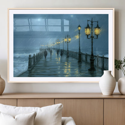 79606-MGV-CV-36X24-Rainy Pier Night Wall Art – Ocean Waves and Street Lamps Canvas Print, Moody Seascape Oil Painting Poster for Living Room,