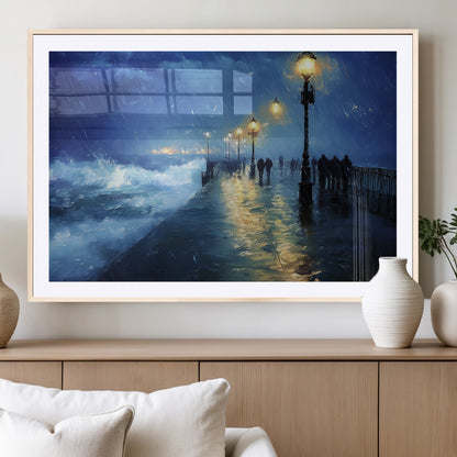 94571-MGV-CV-36X24-Seaside Night Wall Art – Ocean Waves and Street Lamps Canvas Print, Rainy City Pier Oil Painting Poster for Living Room, Bedroom,