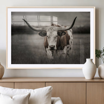 69238-MGV-CV-36X24-Longhorn Bull Wall Art – Rustic Black and White Texas Cattle Canvas Print, Western Farmhouse Animal Photography for Living Room,