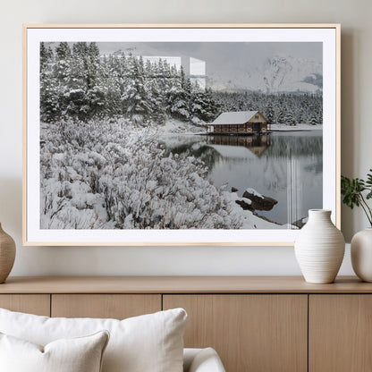 94285-MGV-CV-36X24-Snowy Cabin Wall Art Canvas Print, Framed Winter Cabin Art Picture Print, Mountain Lake Perfect Snowy Nature Decor Artwork