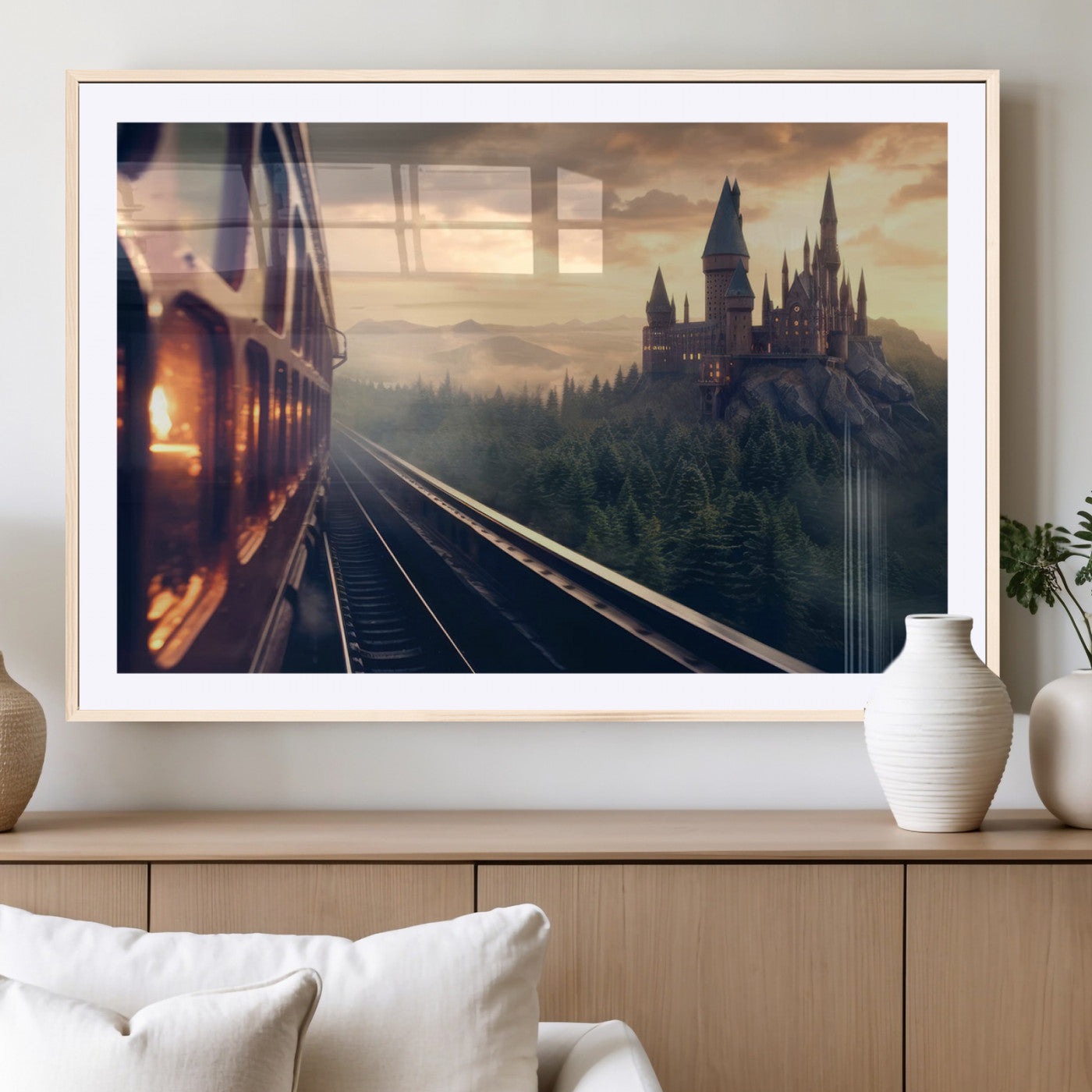 84029-MGV-CV-36X24-Fantasy Castle Wall Art – Magical Train Sunset Forest Canvas Print, Enchanted Landscape Painting Poster for Living Room, Bedroom,