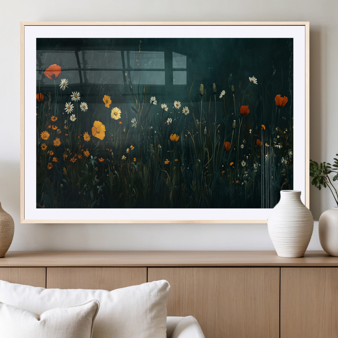 87037-MGV-CV-36X24-Wildflower Wall Art – Dark Botanical Floral Canvas Print, Modern Nature Painting Poster with Daisies Poppies Orange Flowers for