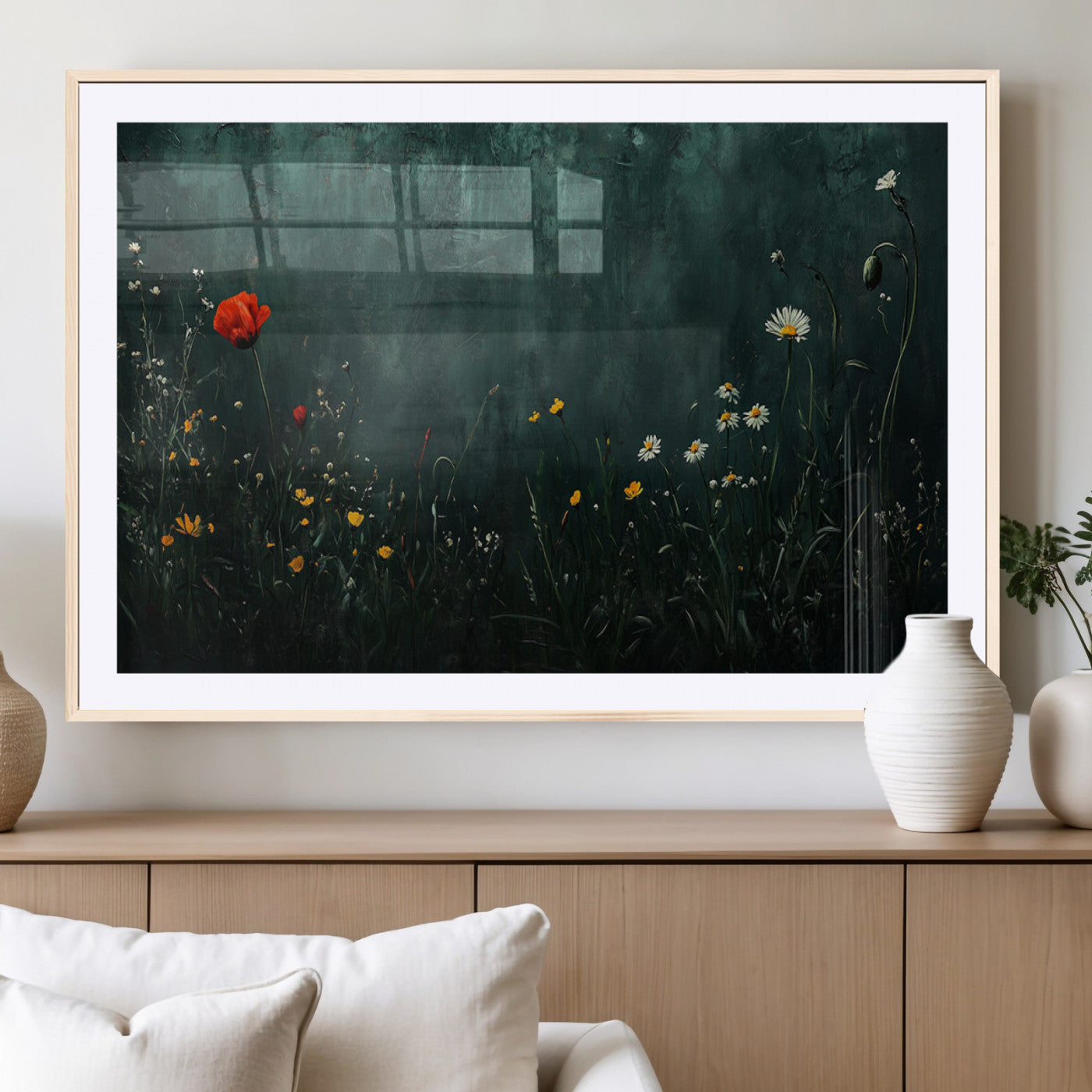 26218-MGV-CV-36X24-Wildflower Wall Art – Dark Botanical Floral Canvas Print, Modern Nature Painting Poster with Daisy Poppy Yellow Flowers for Living
