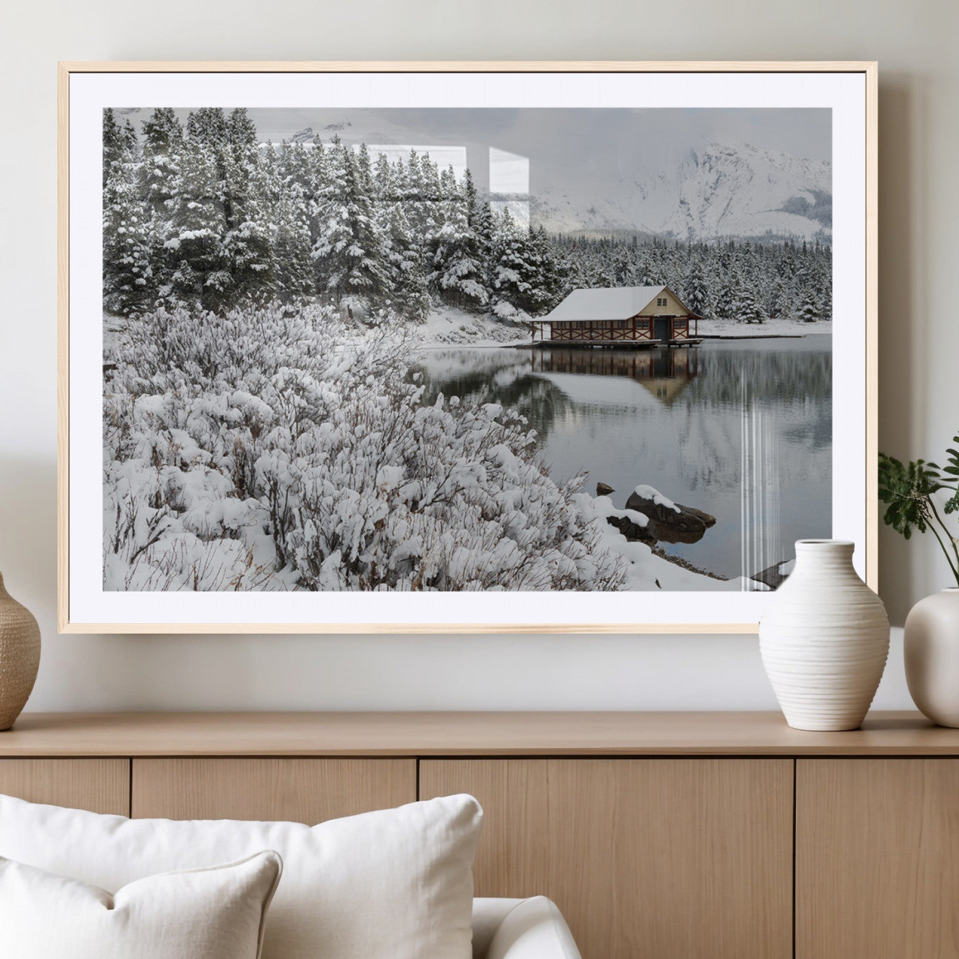 29975-MGV-CV-36X24-Winter Cabin by the Lake Wall Art – Snowy Mountain Landscape Canvas Print, Rustic Lodge Cabin Decor for Cozy Living Room, Bedroom