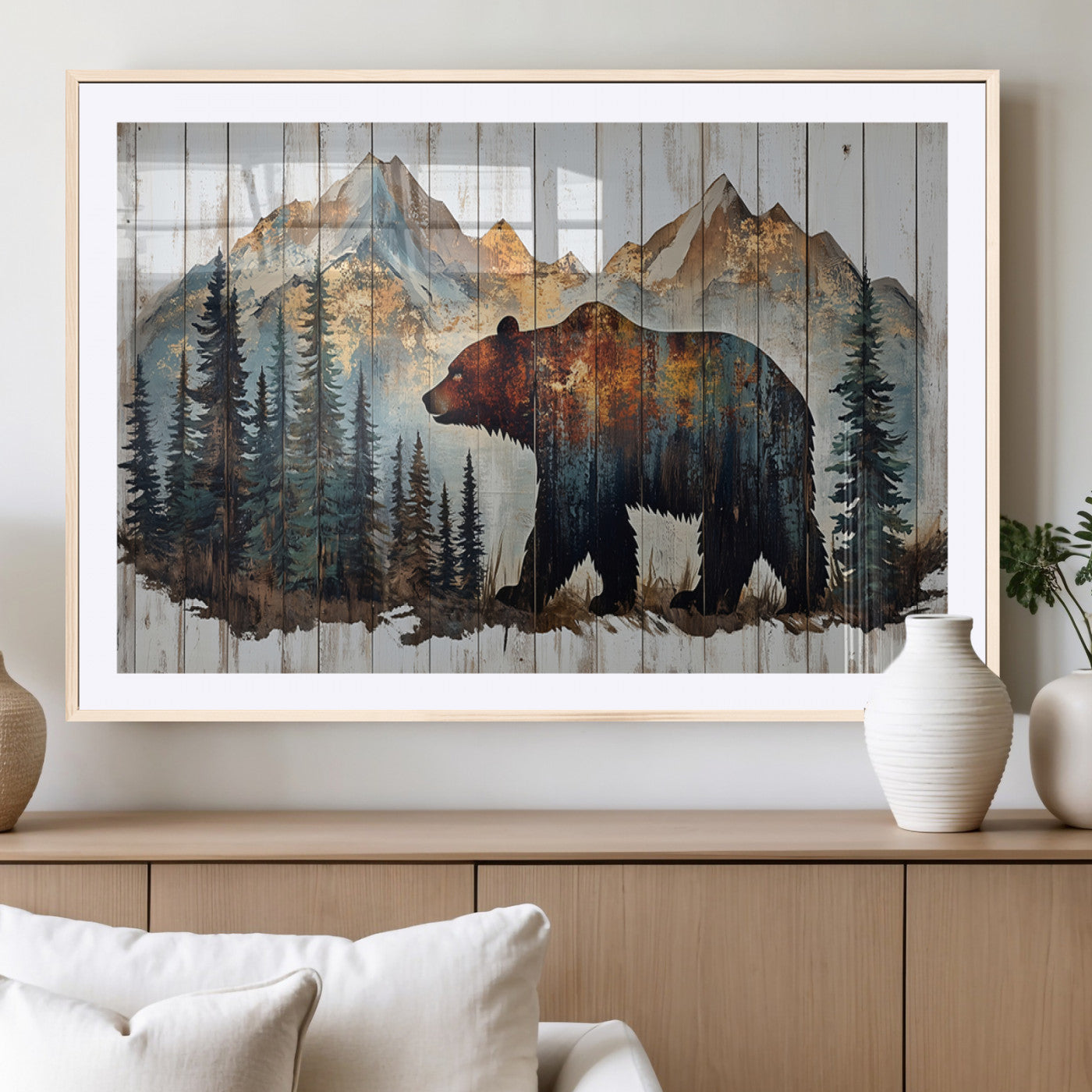 55777-MGC-FP-36x24_Natural-Rustic Bear Wall Art Canvas Print, Framed Mountain and Forest Art Picture Print, Wooden Bear Perfect Rustic Lodge Decor Artwork