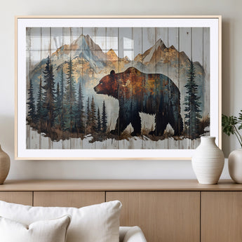 55777-MGC-FP-36x24_Natural-Rustic Bear Wall Art Canvas Print, Framed Mountain and Forest Art Picture Print, Wooden Bear Perfect Rustic Lodge Decor Artwork