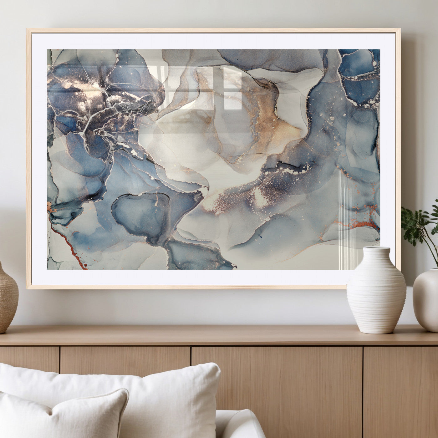 51497-MGC-FP-36x24_Natural-Abstract Blue and Gold Wall Art – Modern Fluid Ink Style Canvas Print, Elegant Contemporary Decor for Living Room, Office