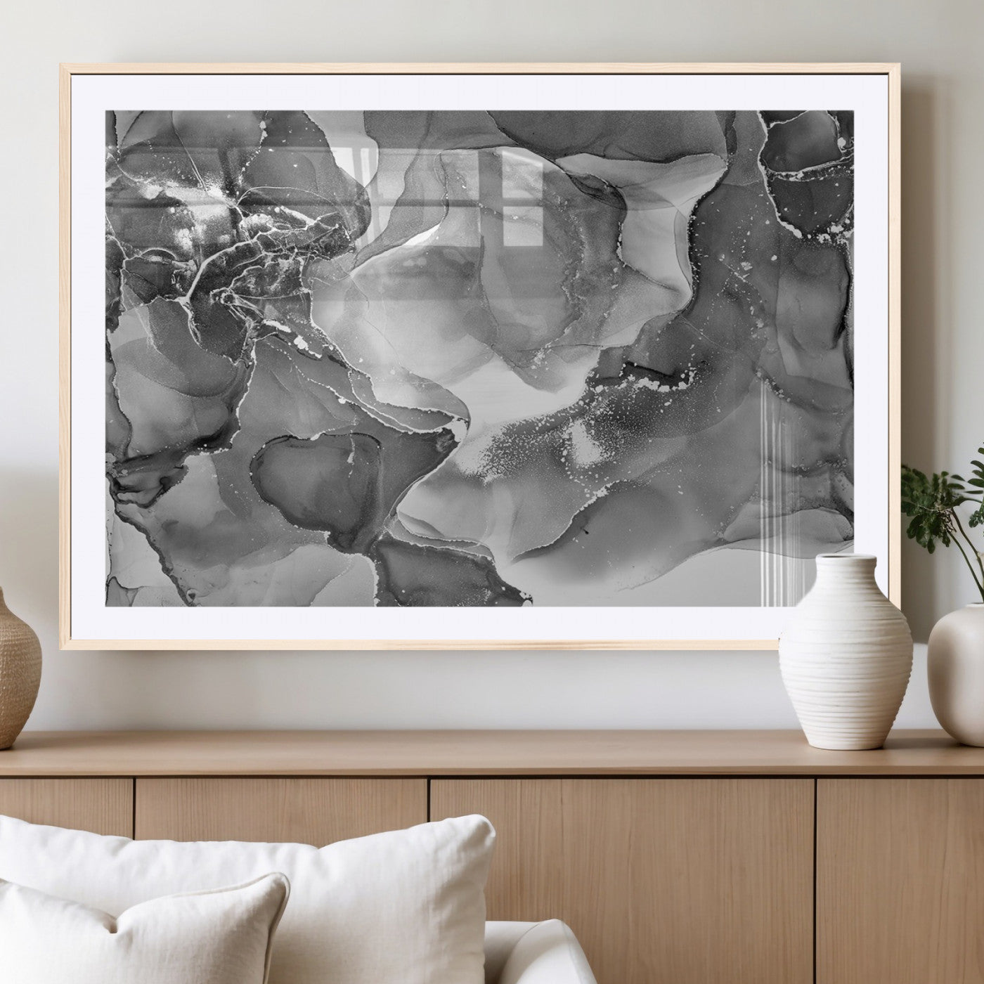 15911-MGC-FP-36x24_Natural-Black and White Abstract Wall Art – Modern Ink Swirl Canvas Print, Minimalist Contemporary Painting for Living Room, Bedroom,