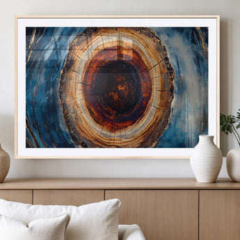 30457-MGC-FP-36x24_Natural-Tree Ring Wall Art – Abstract Wood Grain Canvas Print with Brown and Blue Swirl, Rustic Nature Inspired Artwork for Living Room,