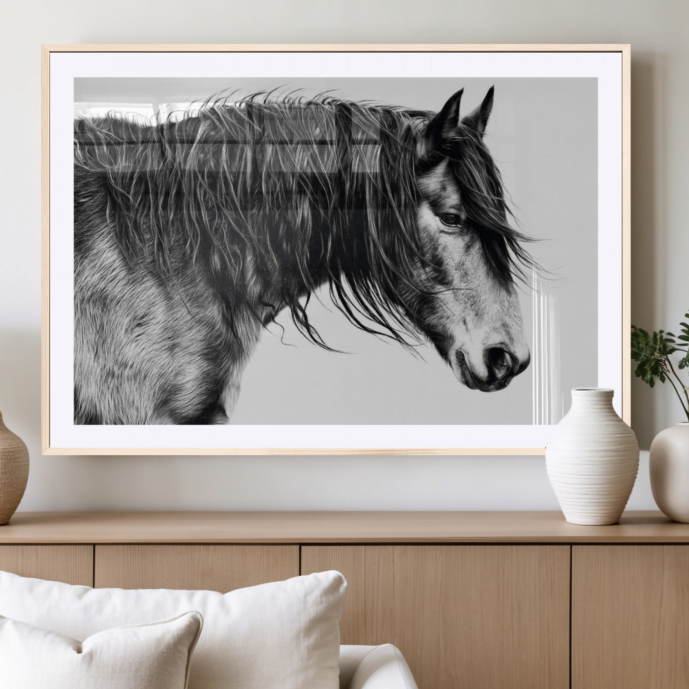 57694-MGC-FP-36x24_Natural-Horse Portrait Wall Art – Black and White Canvas Print with Detailed Stallion Profile, Rustic Farmhouse Equestrian Artwork for
