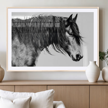 57694-MGC-FP-36x24_Natural-Horse Portrait Wall Art – Black and White Canvas Print with Detailed Stallion Profile, Rustic Farmhouse Equestrian Artwork for