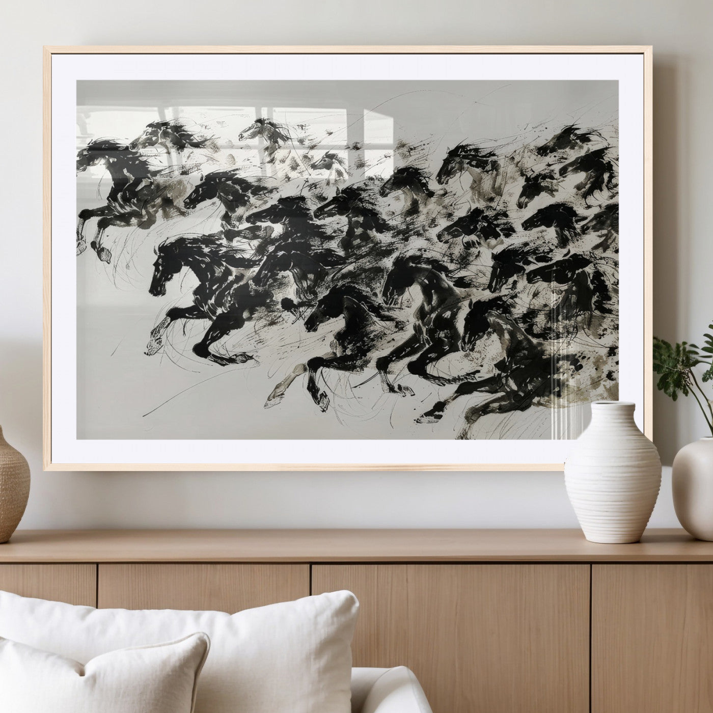 23069-MGC-FP-36x24_Natural-Galloping Horses Wall Art – Black Ink Painting on Canvas, Dynamic Equestrian Artwork with Running Stallions, Expressive Modern