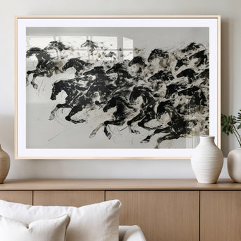 23069-MGC-FP-36x24_Natural-Galloping Horses Wall Art – Black Ink Painting on Canvas, Dynamic Equestrian Artwork with Running Stallions, Expressive Modern