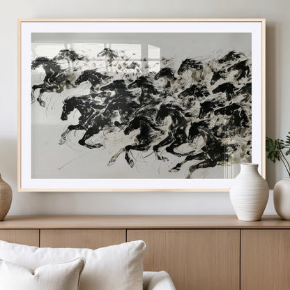 23069-MGC-FP-36x24_Natural-Galloping Horses Wall Art – Black Ink Painting on Canvas, Dynamic Equestrian Artwork with Running Stallions, Expressive Modern