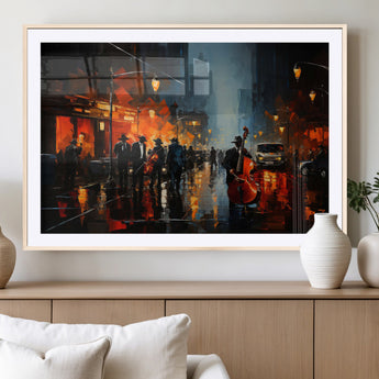 32816-MGV-CV-36X24-City Jazz Night Wall Art – Modern Abstract Urban Street Scene Canvas Print, Moody Music-Themed Decor for Living Room, Office, or